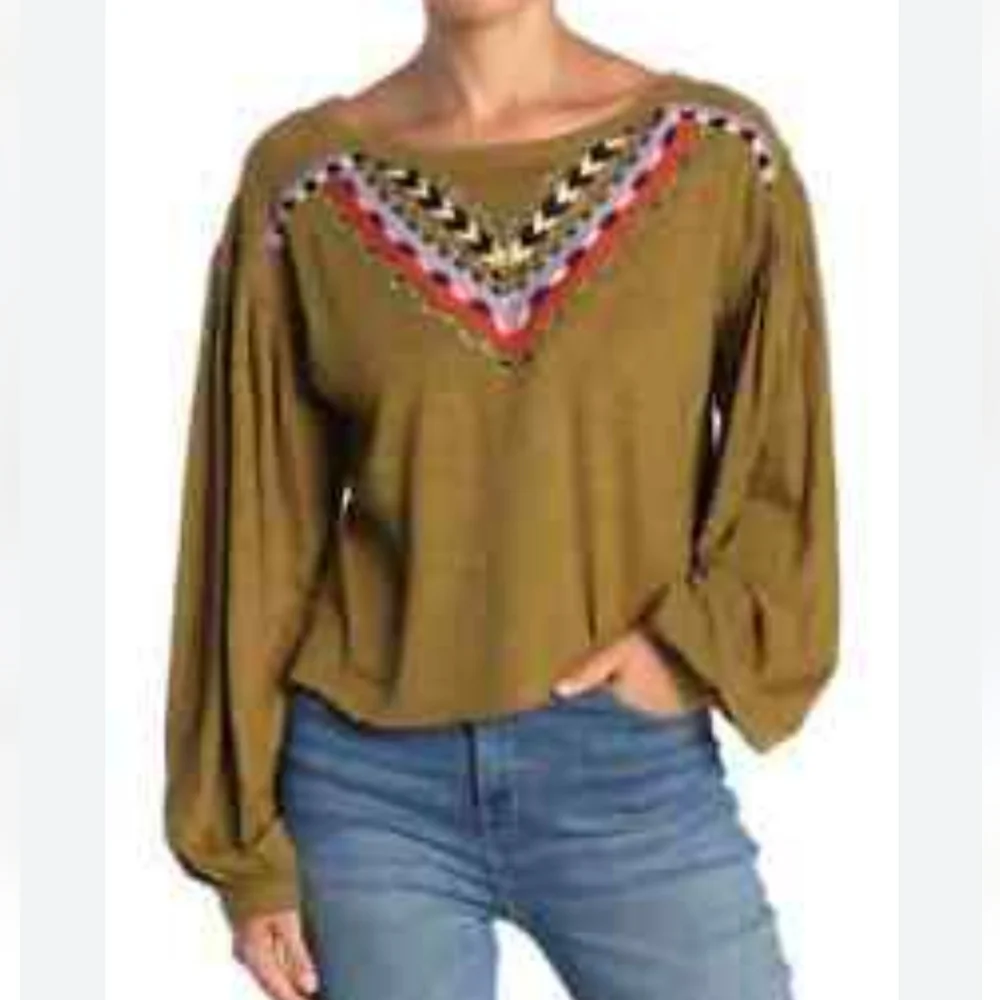 NWT Free People linen-blend Embroidered top in Moss Combo.‎